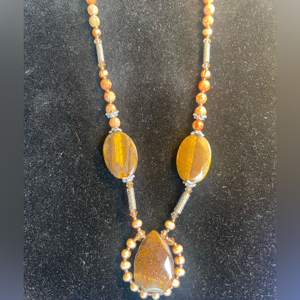 Tiger eye stone with fresh water pearls and natural stones necklace.